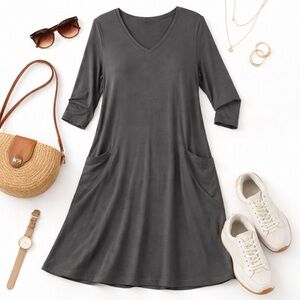 Eileen Fisher Gray V-Neck A-Line Dress Pockets Minimalist XS